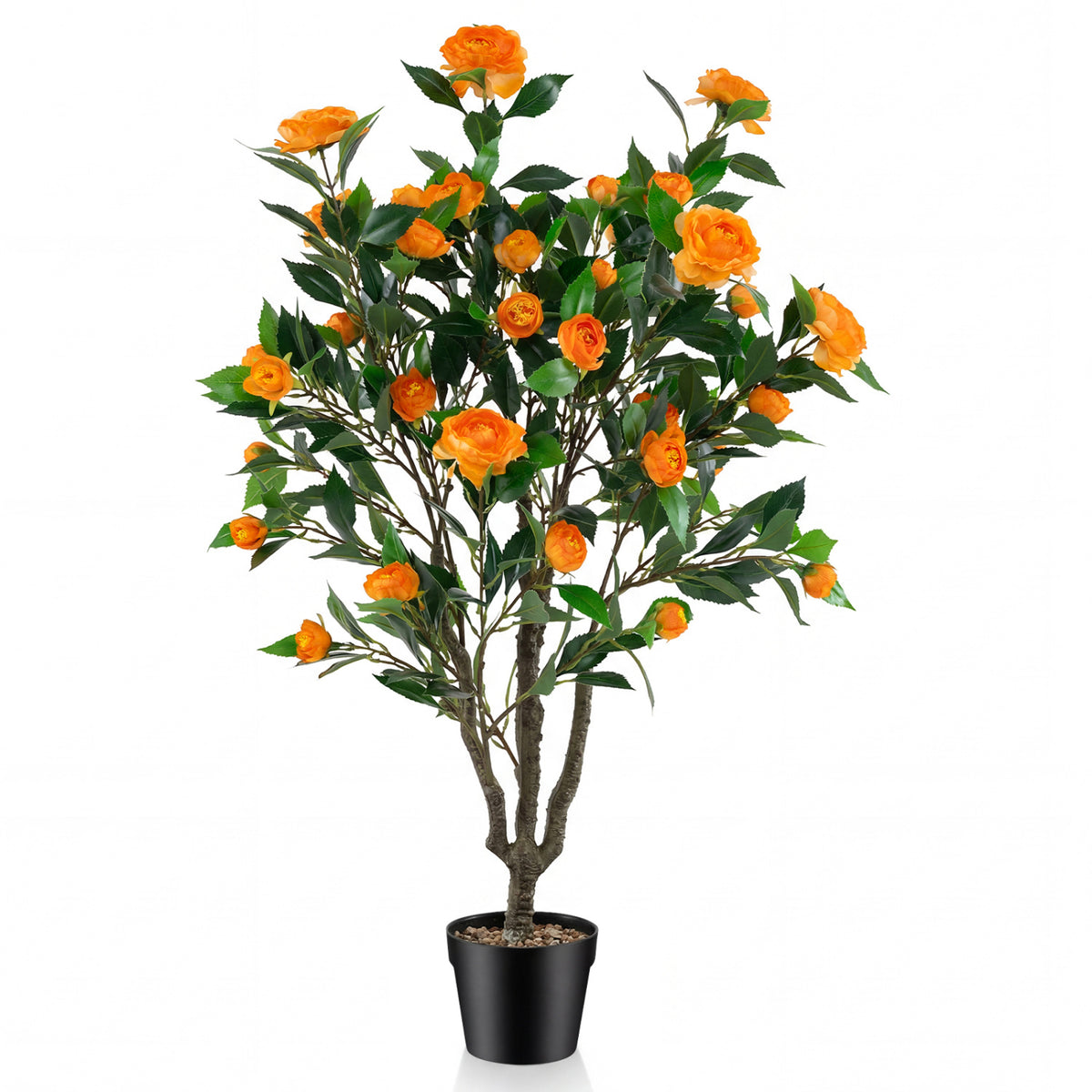 40 Inch Artificial Camellia Tree with 37 Flowers and River Stones in Pot - No Assembly, Fake Plant for Decor