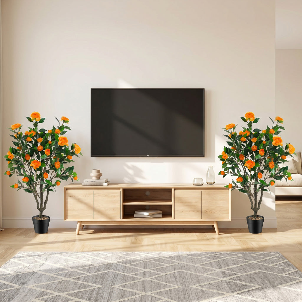 40 Inch Artificial Camellia Tree with 37 Flowers and River Stones in Pot - No Assembly, Fake Plant for Decor