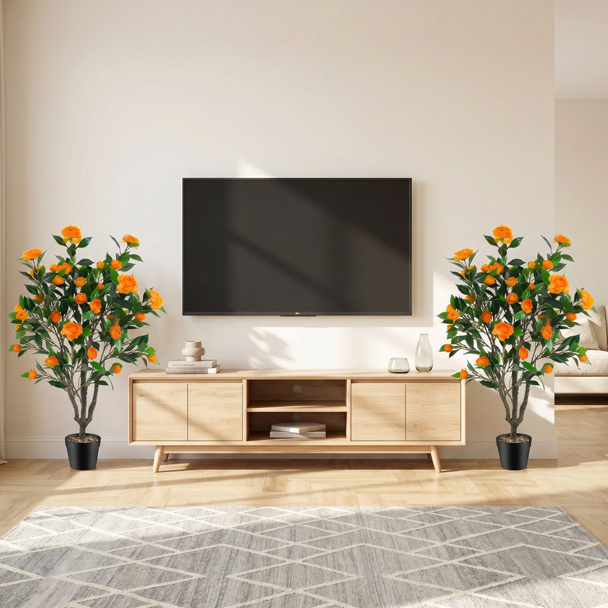 40 Inch Artificial Camellia Tree with 37 Flowers and River Stones in Pot - No Assembly, Fake Plant for Decor