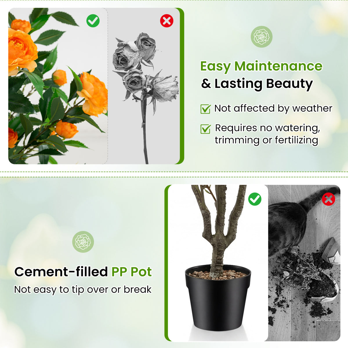 40 Inch Artificial Camellia Tree with 37 Flowers and River Stones in Pot - No Assembly, Fake Plant for Decor