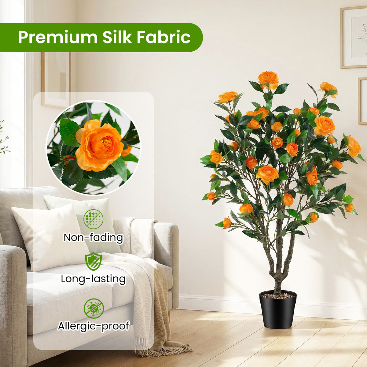 40 Inch Artificial Camellia Tree with 37 Flowers and River Stones in Pot - No Assembly, Fake Plant for Decor