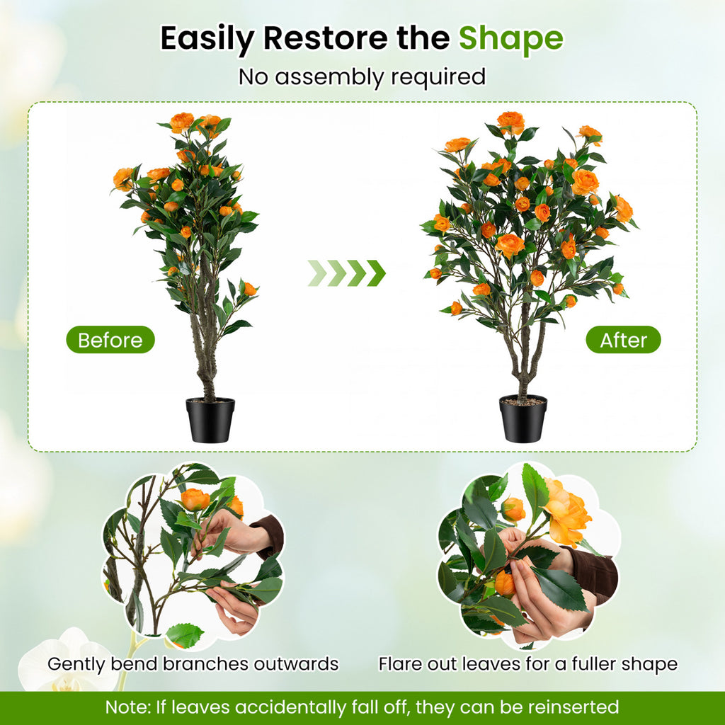 40 Inch Artificial Camellia Tree with 37 Flowers and River Stones in Pot - No Assembly, Fake Plant for Decor