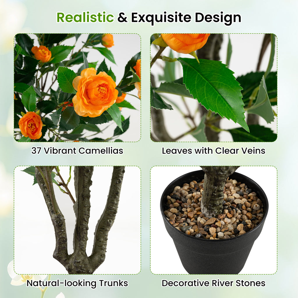 40 Inch Artificial Camellia Tree with 37 Flowers and River Stones in Pot - No Assembly, Fake Plant for Decor