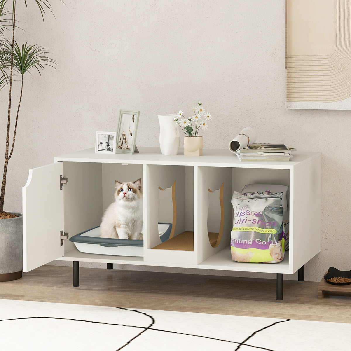 40 Inch Cat Litter Box Enclosure - Hidden Cat Washroom with Scratch Board - White Variation