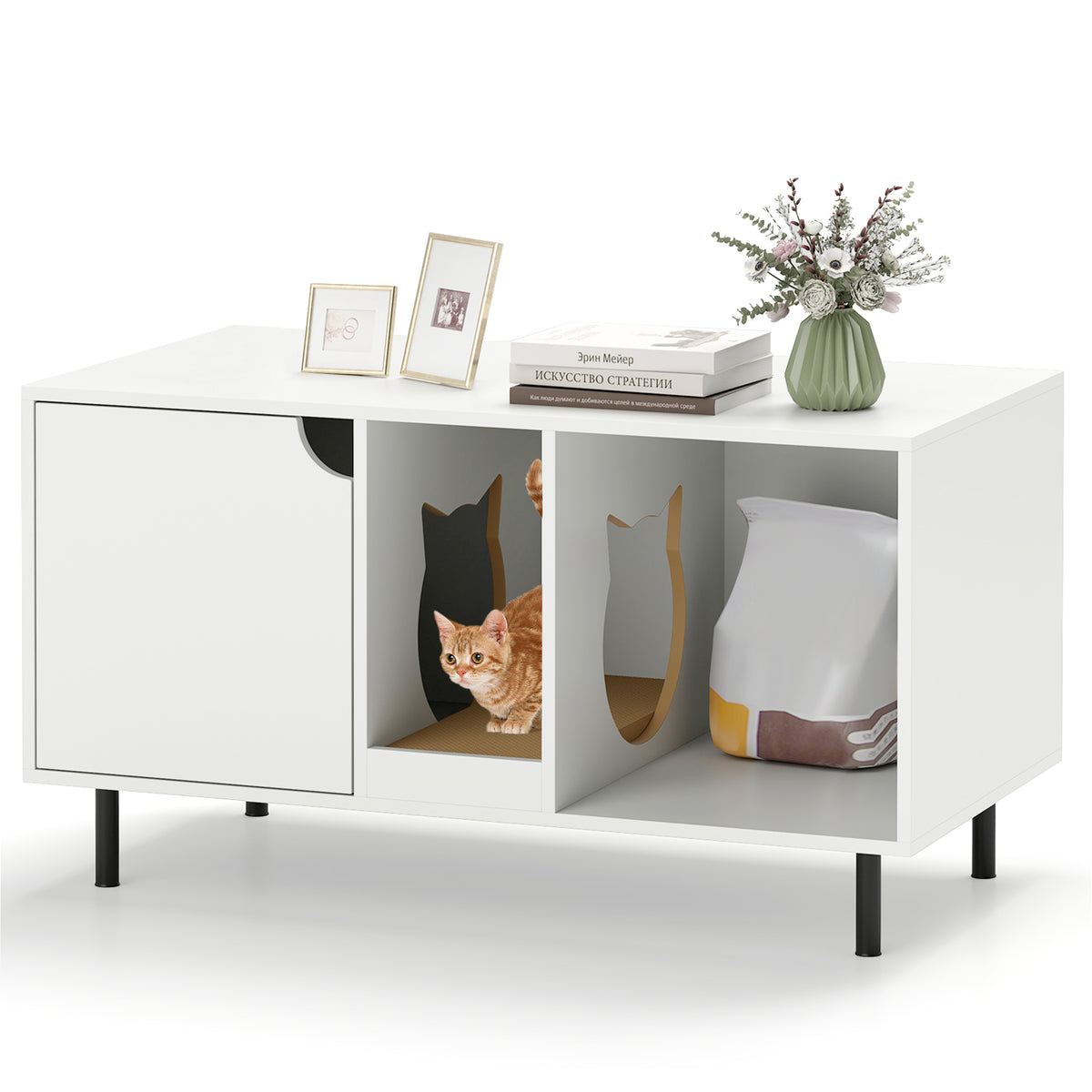 40 Inch Cat Litter Box Enclosure - Hidden Cat Washroom with Scratch Board - White Variation
