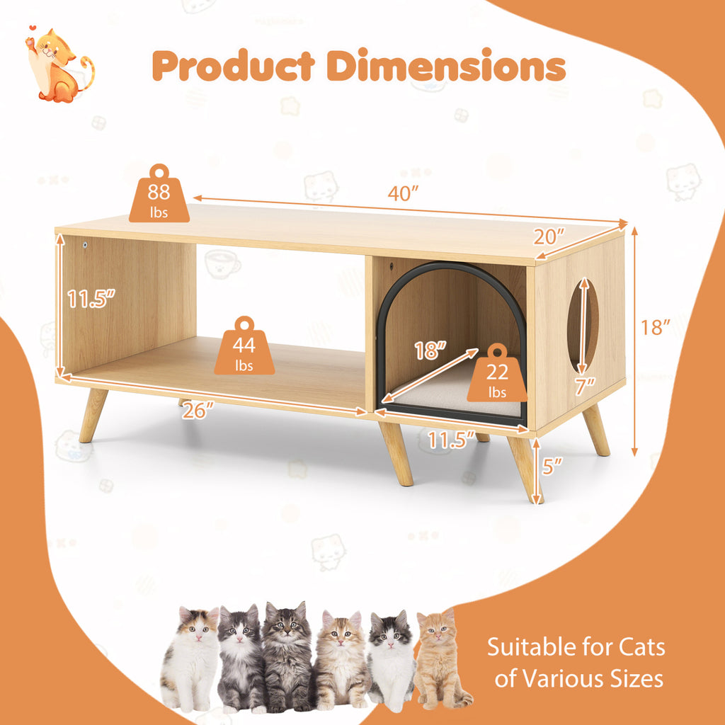 Natural 40-Inch Wooden Cat House Coffee Table with Storage and Lounge Shelf - 2-in-1 Kitten Furniture