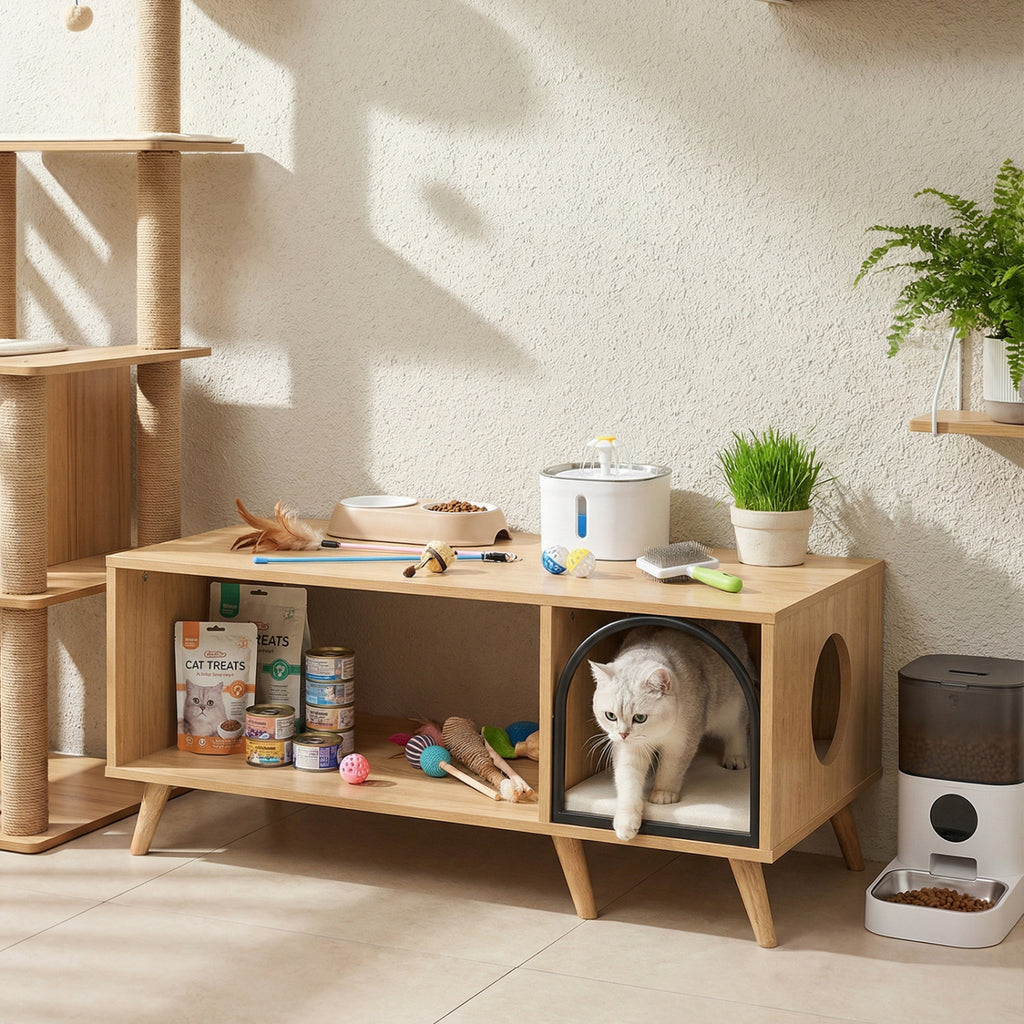 Natural 40-Inch Wooden Cat House Coffee Table with Storage and Lounge Shelf - 2-in-1 Kitten Furniture
