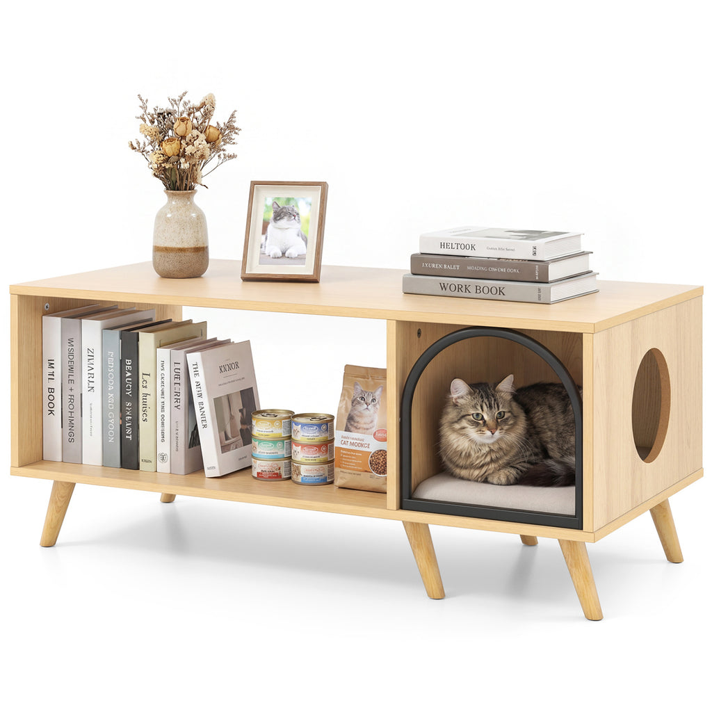 Natural 40-Inch Wooden Cat House Coffee Table with Storage and Lounge Shelf - 2-in-1 Kitten Furniture
