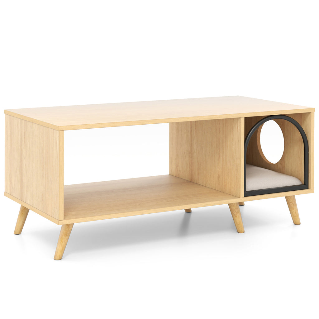 Natural 40-Inch Wooden Cat House Coffee Table with Storage and Lounge Shelf - 2-in-1 Kitten Furniture