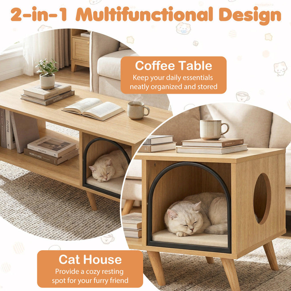 Natural 40-Inch Wooden Cat House Coffee Table with Storage and Lounge Shelf - 2-in-1 Kitten Furniture