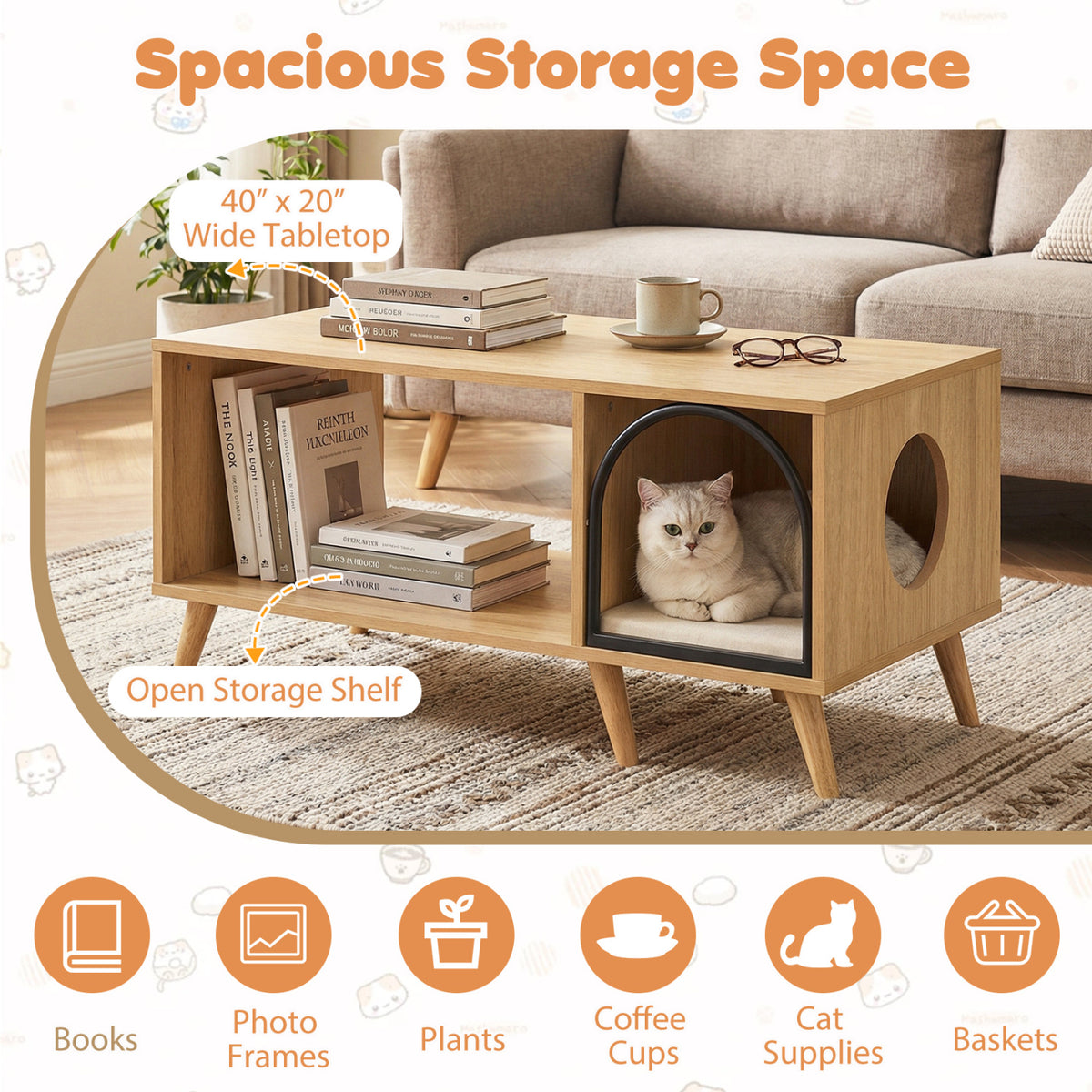 Natural 40-Inch Wooden Cat House Coffee Table with Storage and Lounge Shelf - 2-in-1 Kitten Furniture