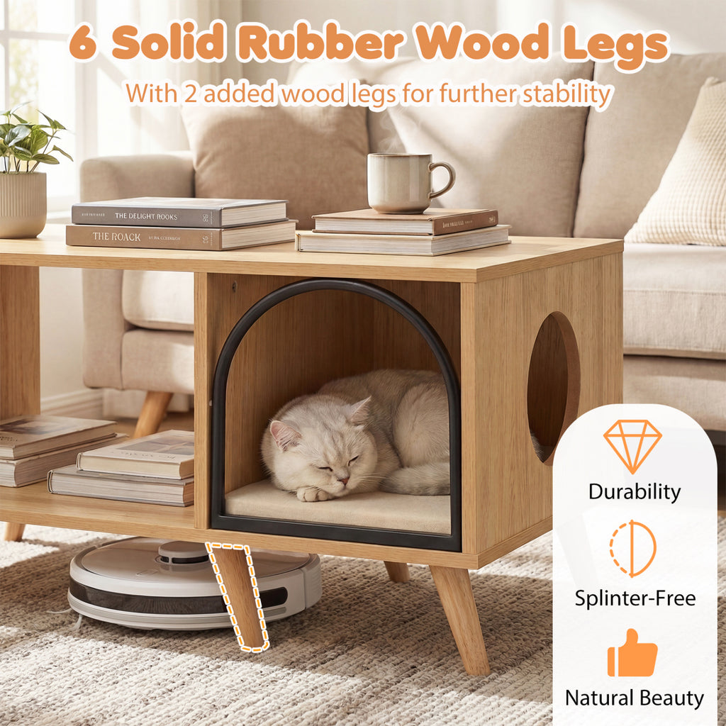 Natural 40-Inch Wooden Cat House Coffee Table with Storage and Lounge Shelf - 2-in-1 Kitten Furniture