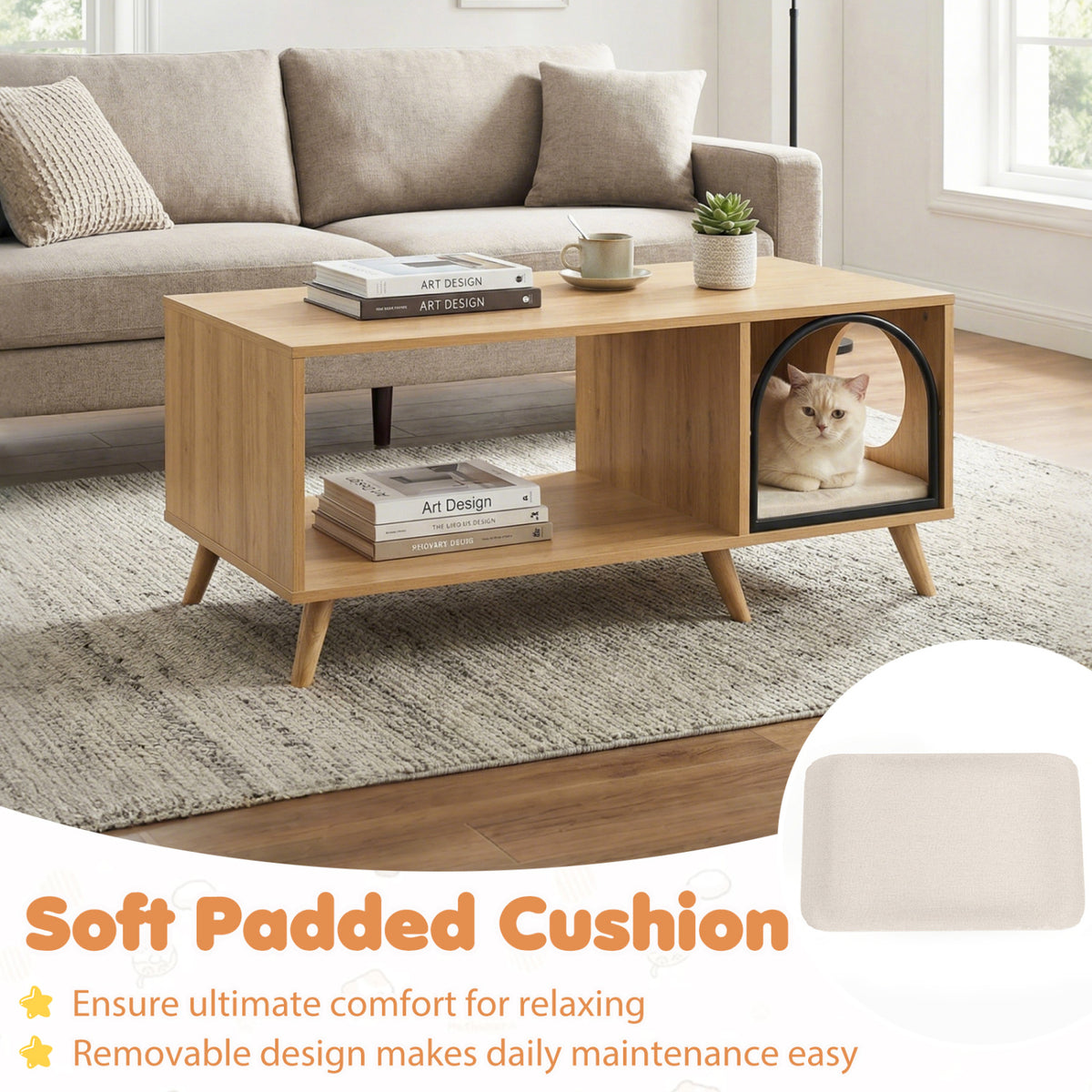 Natural 40-Inch Wooden Cat House Coffee Table with Storage and Lounge Shelf - 2-in-1 Kitten Furniture