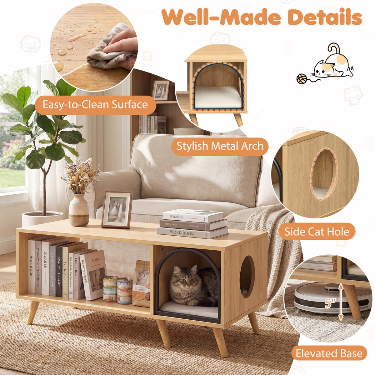 Natural 40-Inch Wooden Cat House Coffee Table with Storage and Lounge Shelf - 2-in-1 Kitten Furniture