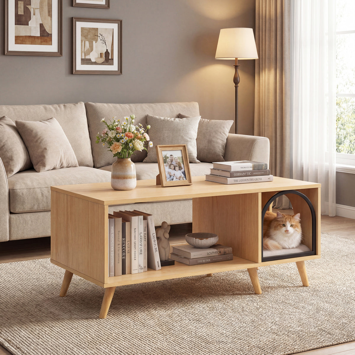 Natural 40-Inch Wooden Cat House Coffee Table with Storage and Lounge Shelf - 2-in-1 Kitten Furniture