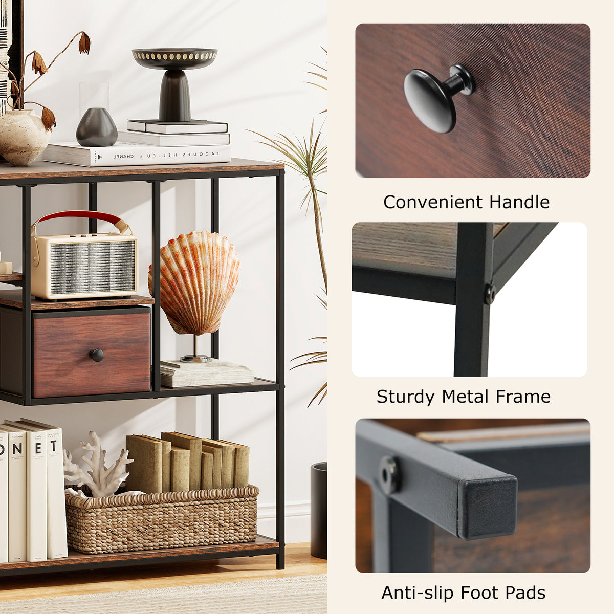 40 Inch Console Table with Storage, Rustic Brown