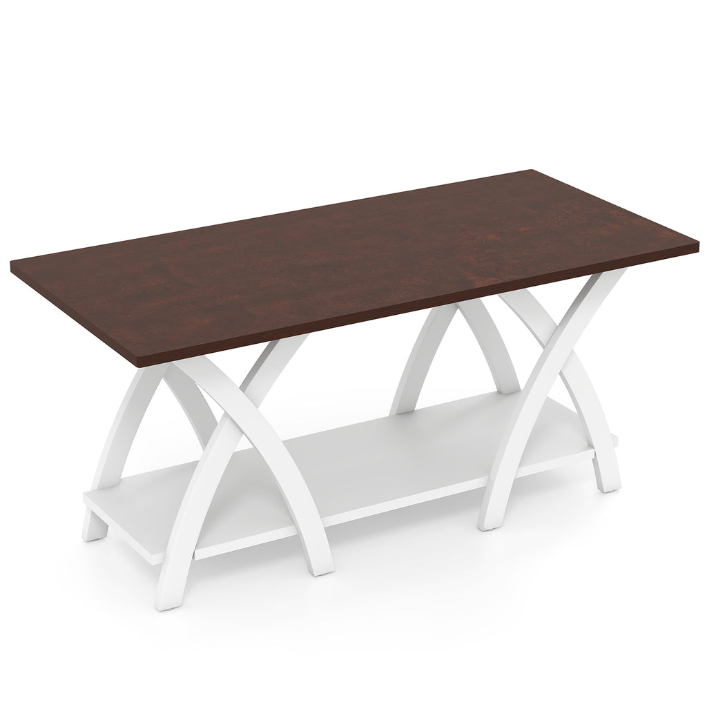 40" Farmhouse Coffee Table with Storage Shelf – Walnut & White