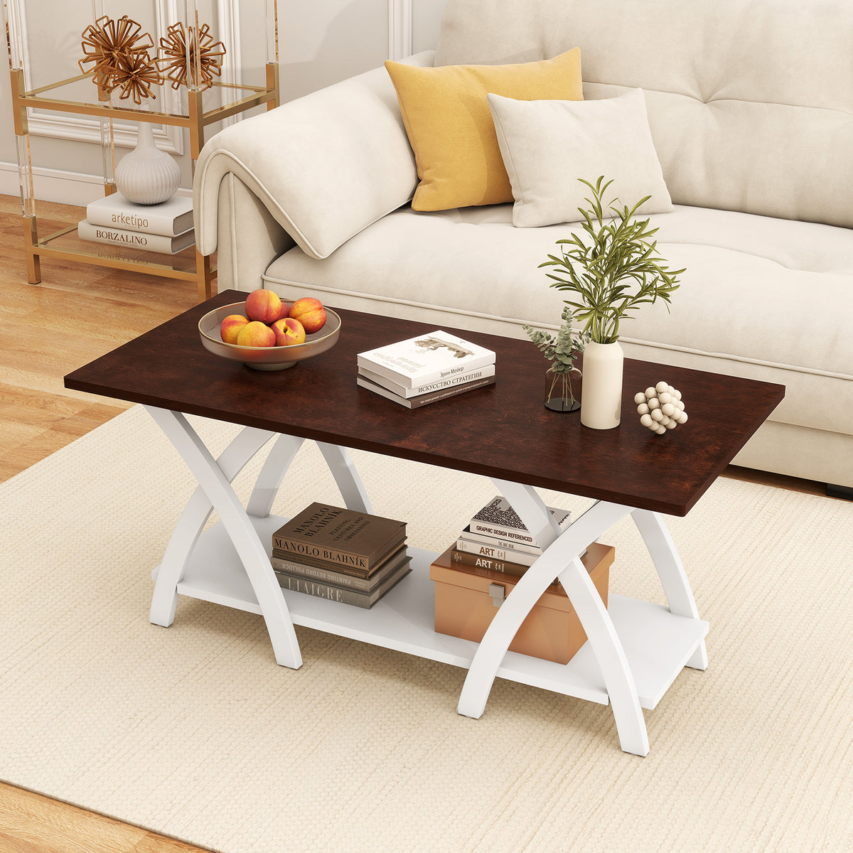 40" Farmhouse Coffee Table with Storage Shelf – Walnut & White