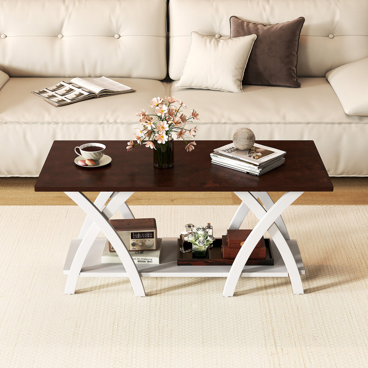 40" Farmhouse Coffee Table with Storage Shelf – Walnut & White