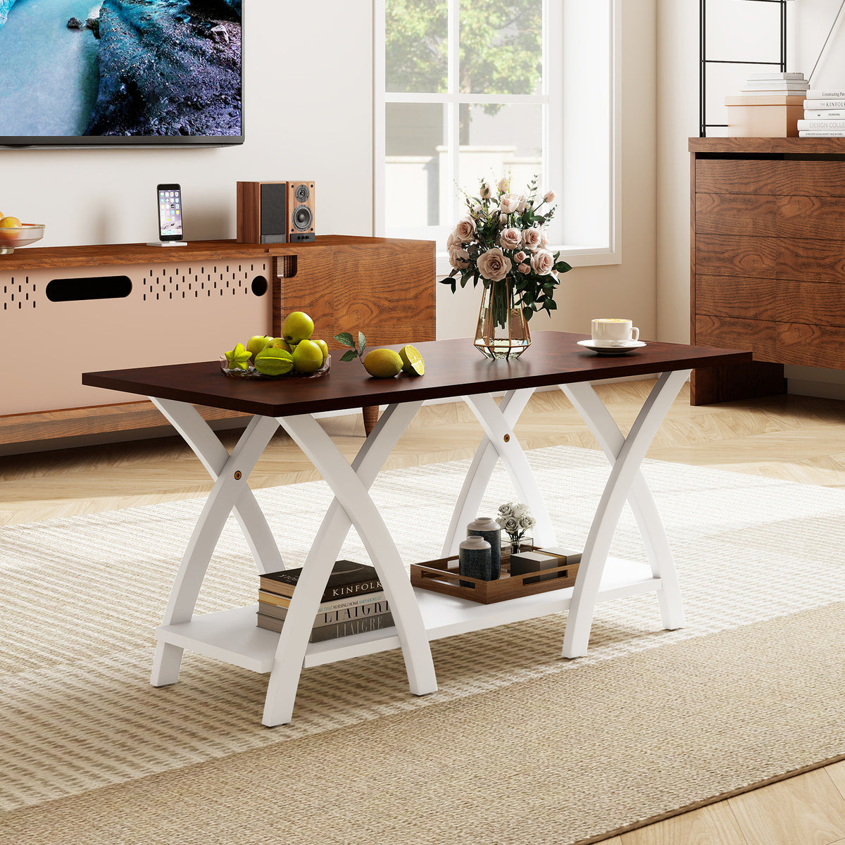 40 Inch Farmhouse Coffee Table with Storage Shelf - Walnut & White