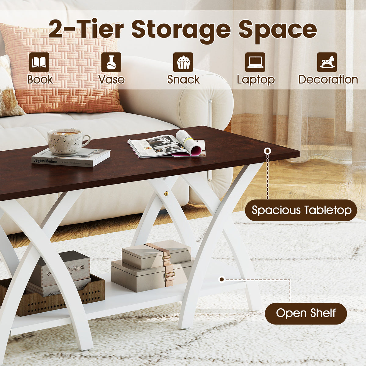 40" Farmhouse Coffee Table with Storage Shelf – Walnut & White