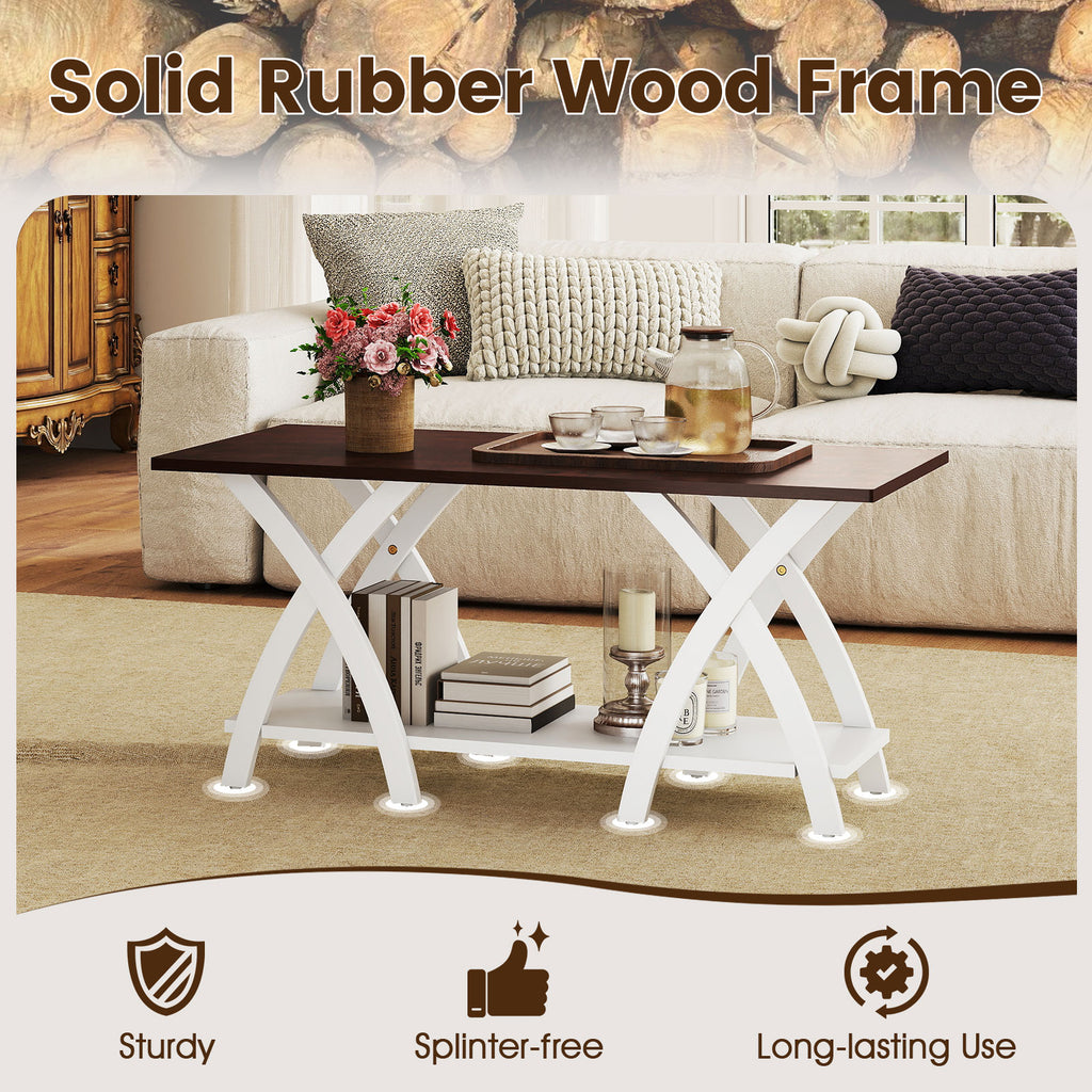 40 Inch Farmhouse Coffee Table with Storage Shelf - Walnut & White