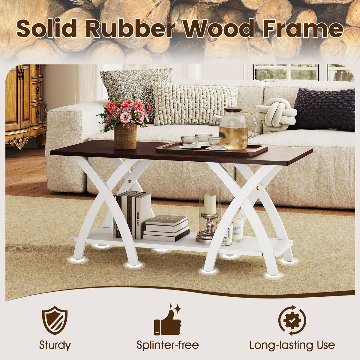 40 Inch Farmhouse Coffee Table with Storage Shelf - Walnut & White