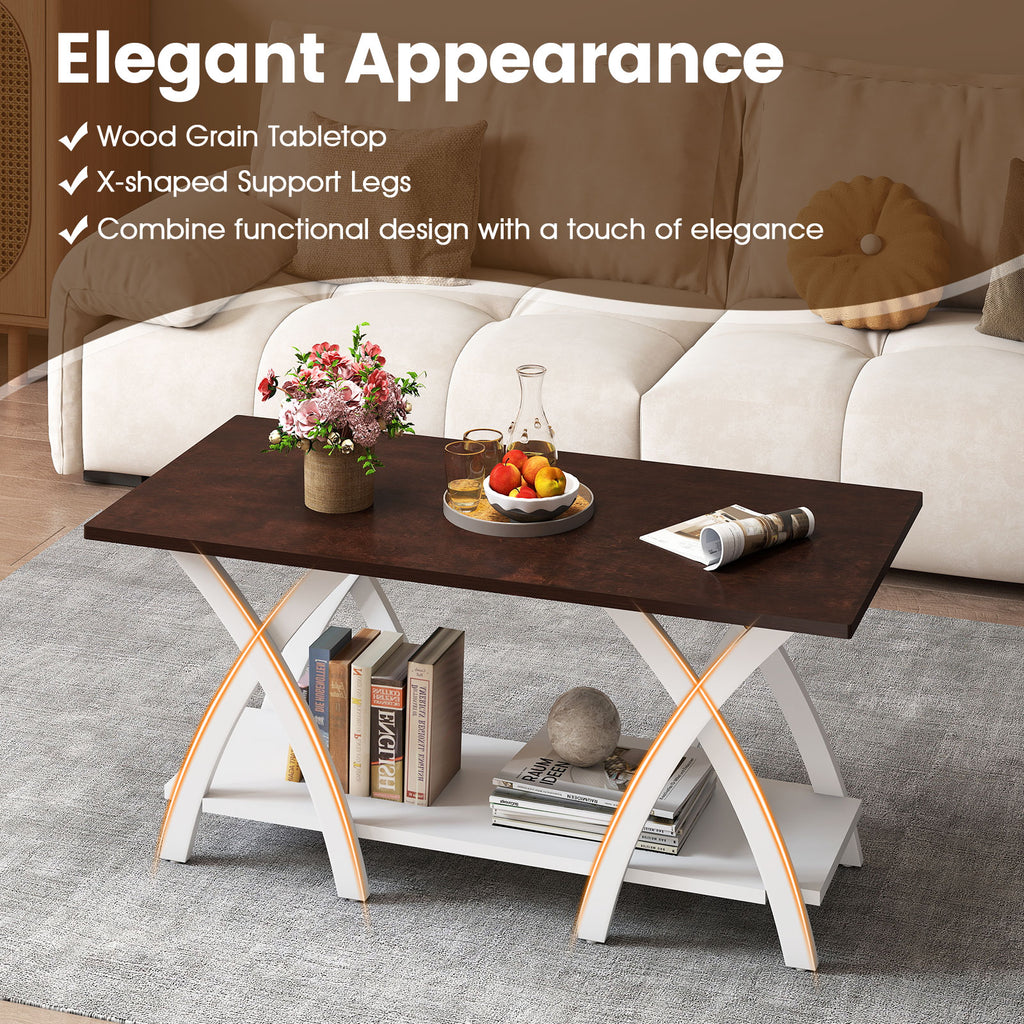 40 Inch Farmhouse Coffee Table with Storage Shelf - Walnut & White