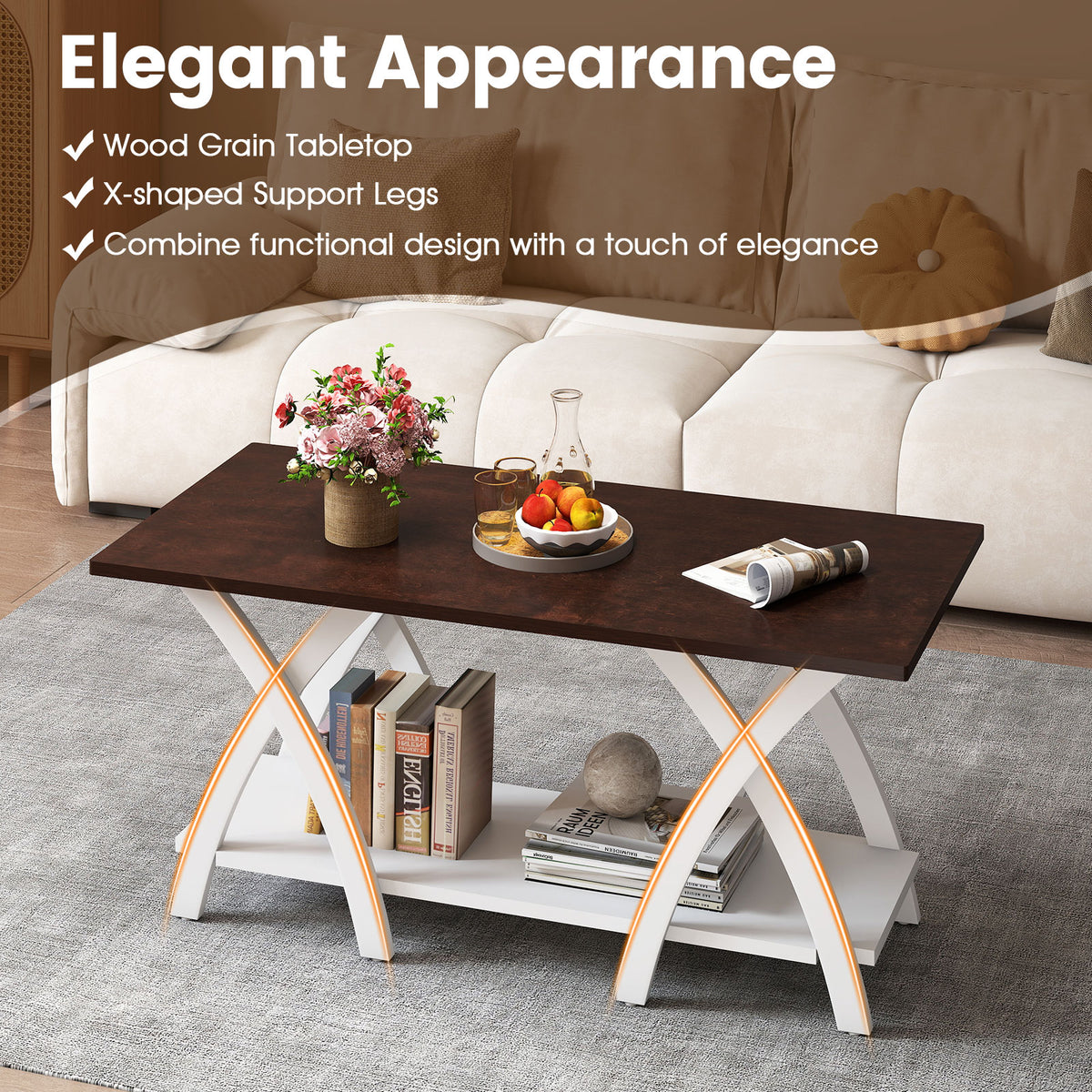 40 Inch Farmhouse Coffee Table with Storage Shelf - Walnut & White