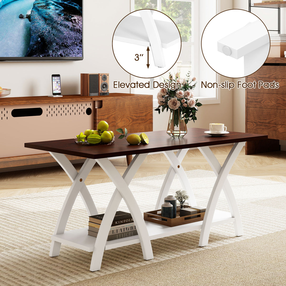 40 Inch Farmhouse Coffee Table with Storage Shelf - Walnut & White