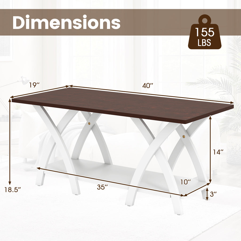 40" Farmhouse Coffee Table with Storage Shelf – Walnut & White