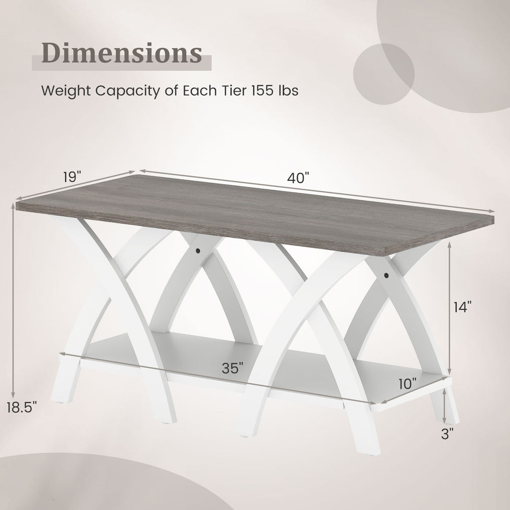 40 Inch Farmhouse Coffee Table with Storage Shelf - Gray Oak & White