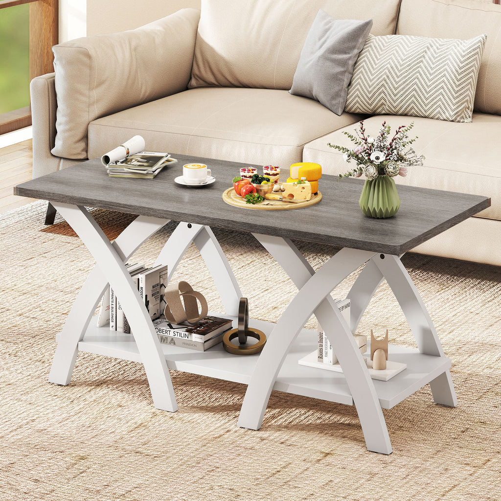 40 Inch Farmhouse Coffee Table with Storage Shelf - Gray Oak & White