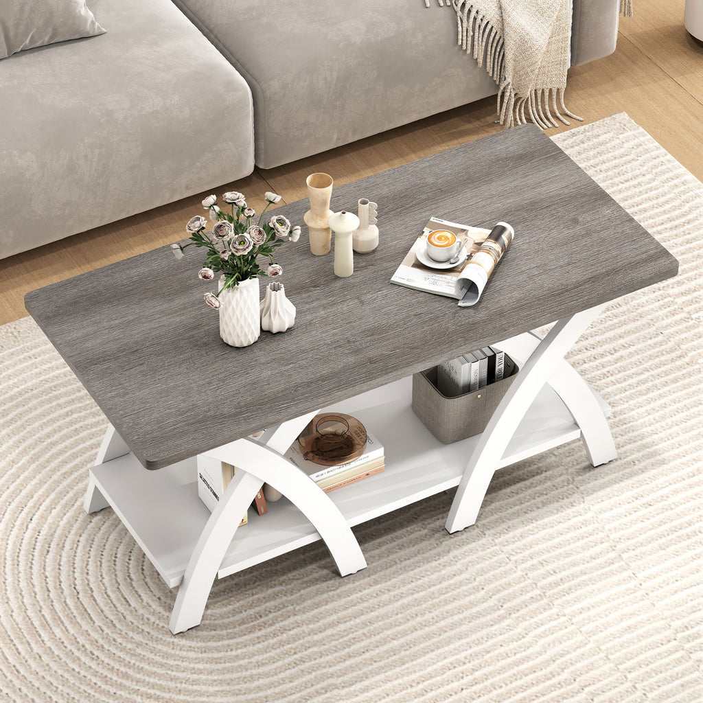 40 Inch Farmhouse Coffee Table with Storage Shelf - Gray Oak & White