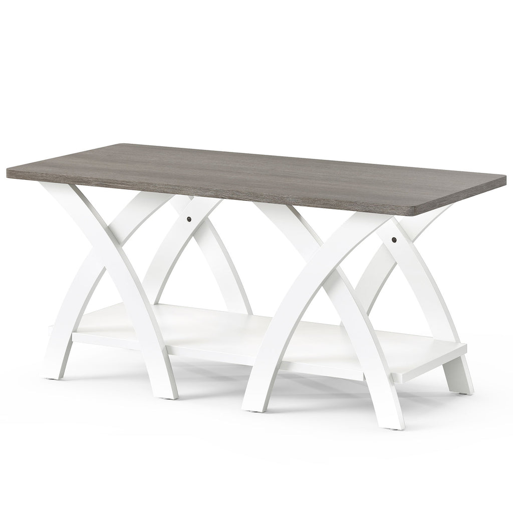 40 Inch Farmhouse Coffee Table with Storage Shelf - Gray Oak & White