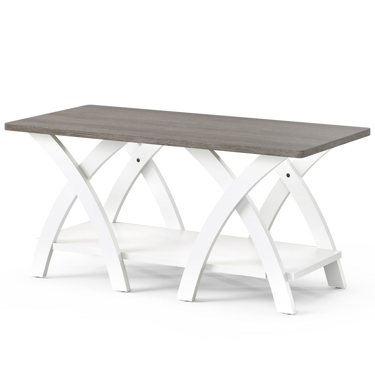 40 Inch Farmhouse Coffee Table with Storage Shelf - Gray Oak & White