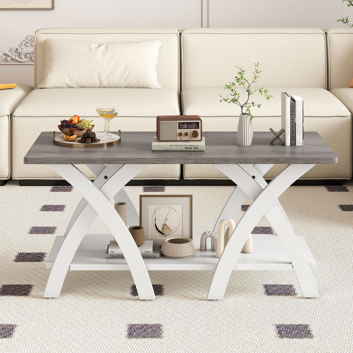 40 Inch Farmhouse Coffee Table with Storage Shelf - Gray Oak & White