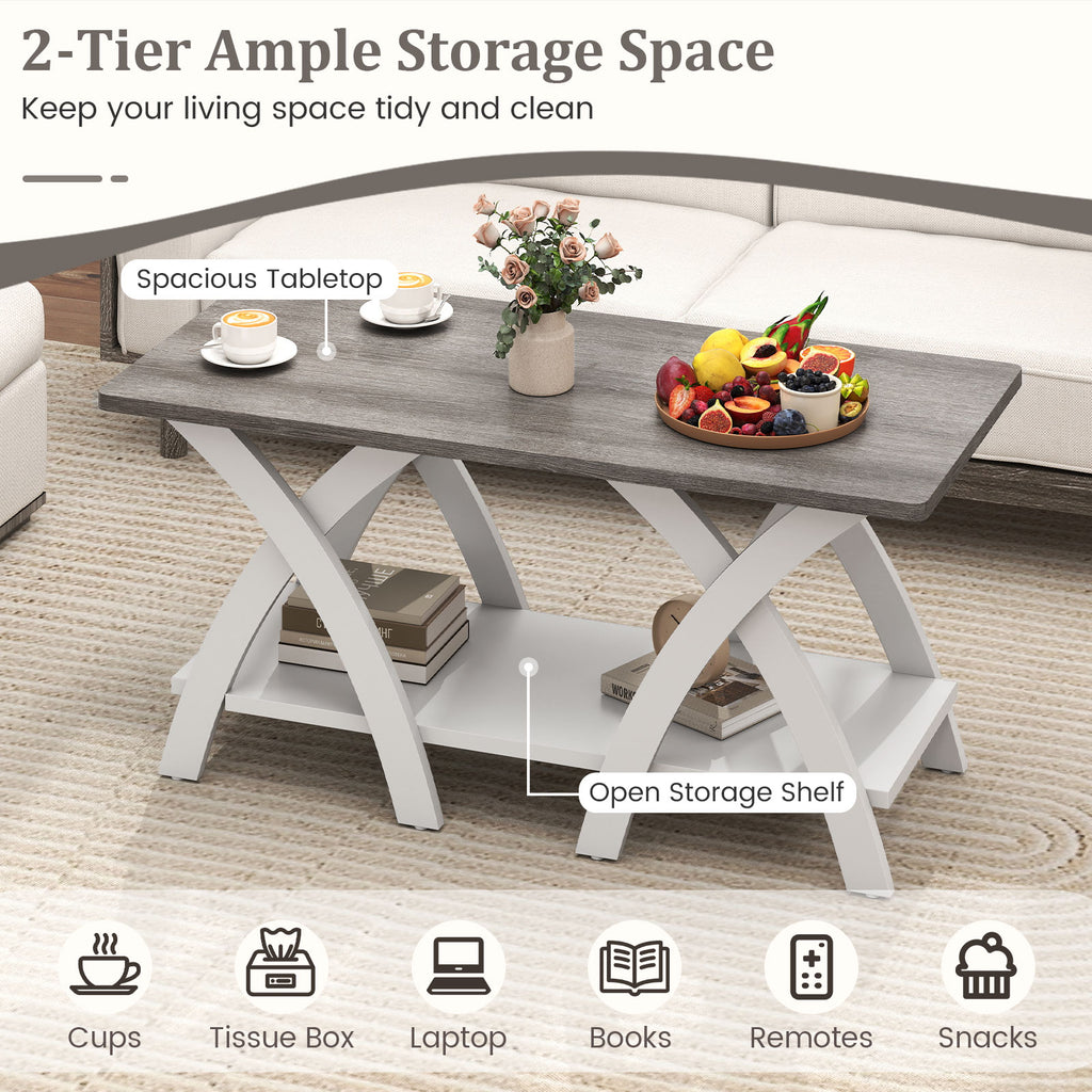 40 Inch Farmhouse Coffee Table with Storage Shelf - Gray Oak & White