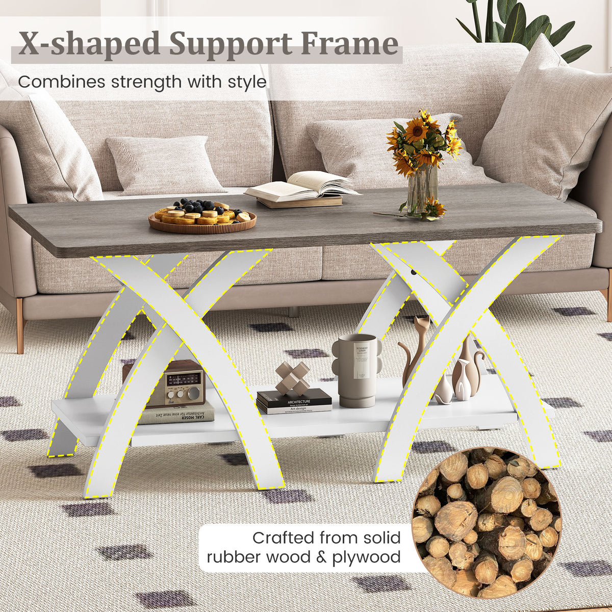 40 Inch Farmhouse Coffee Table with Storage Shelf - Gray Oak & White