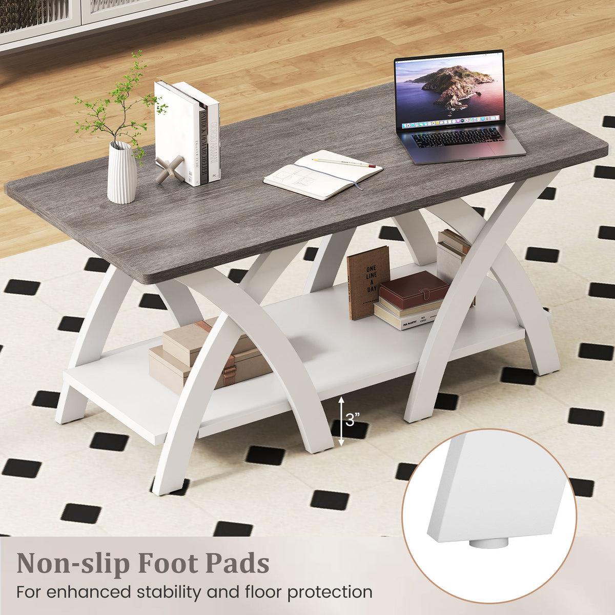 40 Inch Farmhouse Coffee Table with Storage Shelf - Gray Oak & White