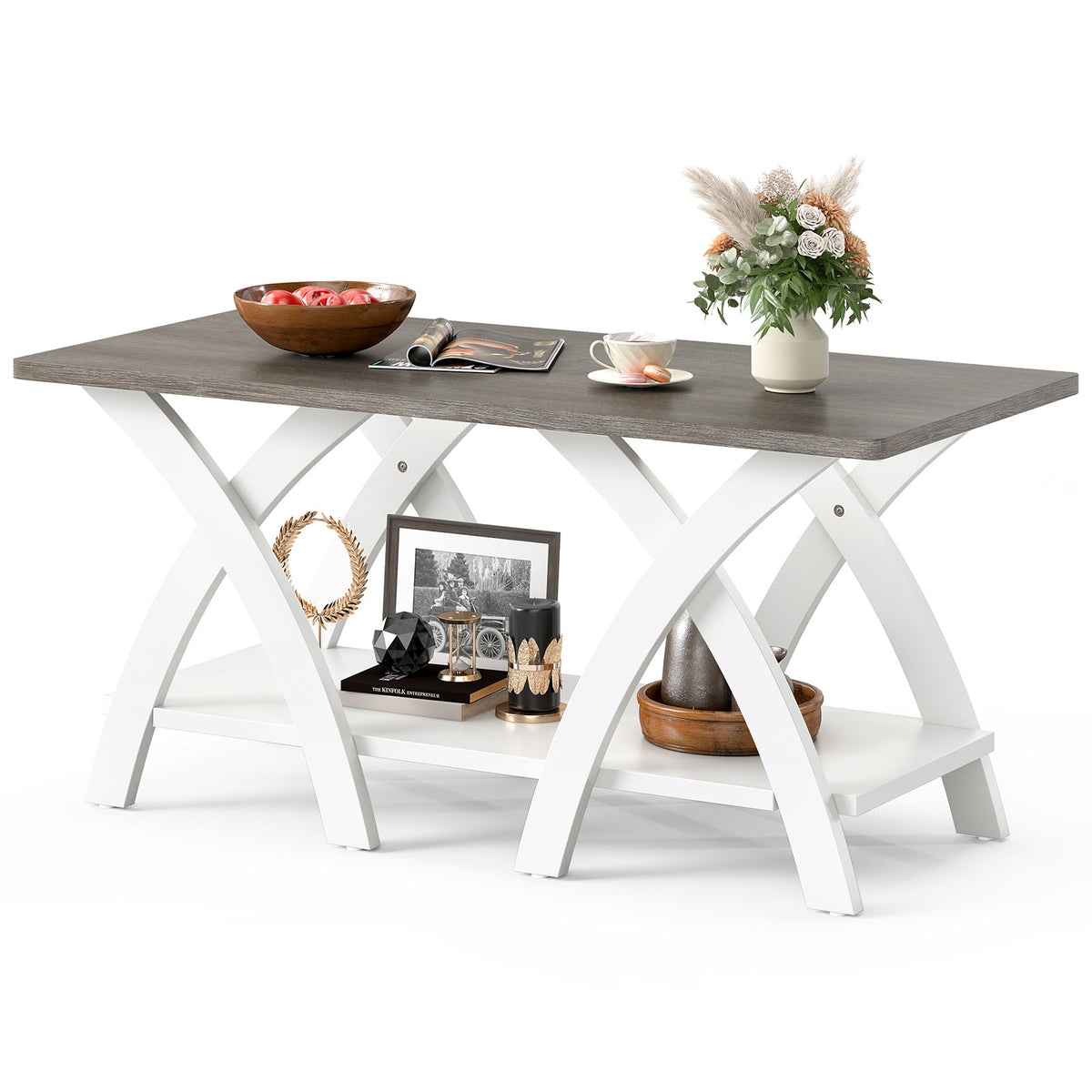 40 Inch Farmhouse Coffee Table with Storage Shelf - Walnut & White