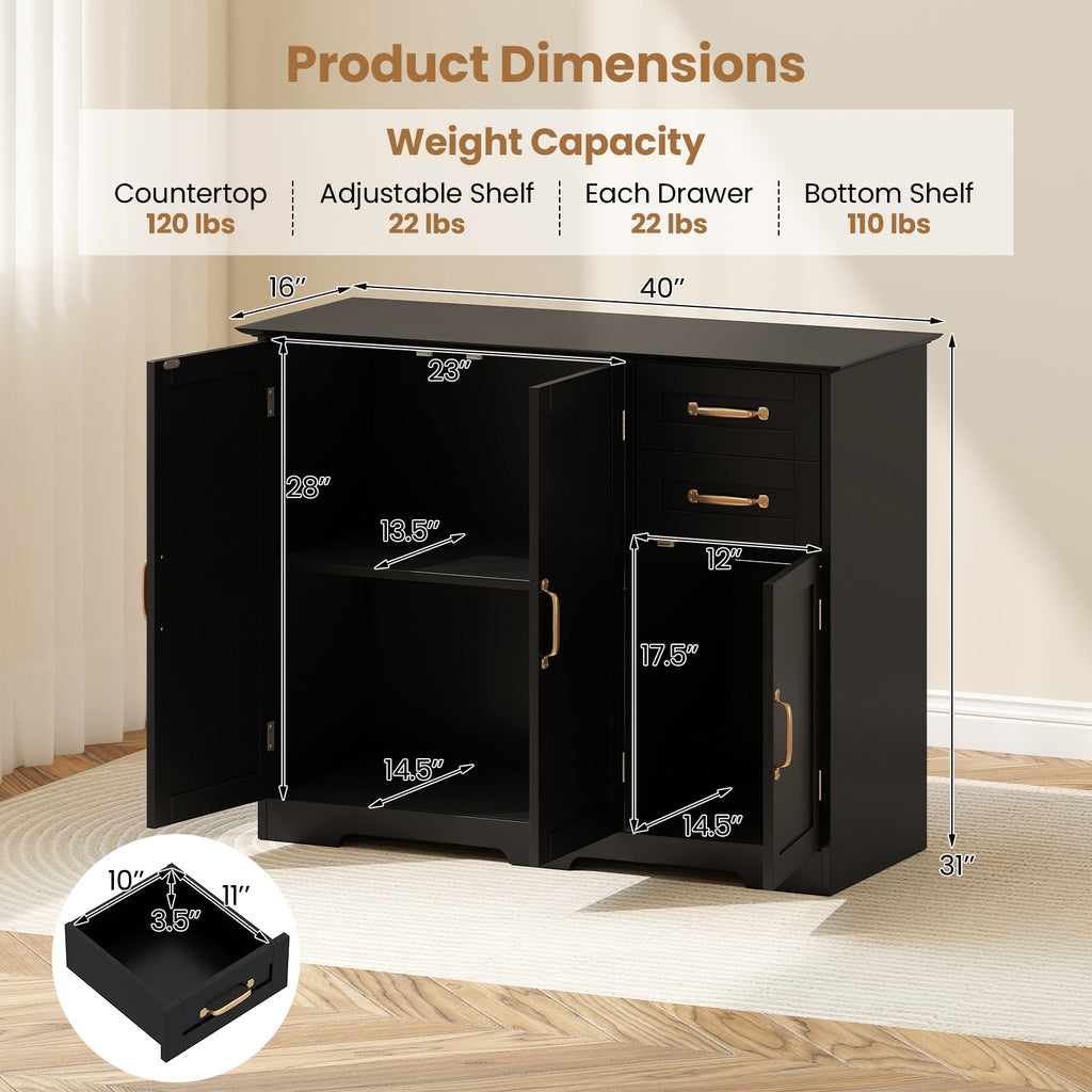 40 Inch Modern Kitchen Sideboard Buffet Cabinet with 2 Drawers - Black