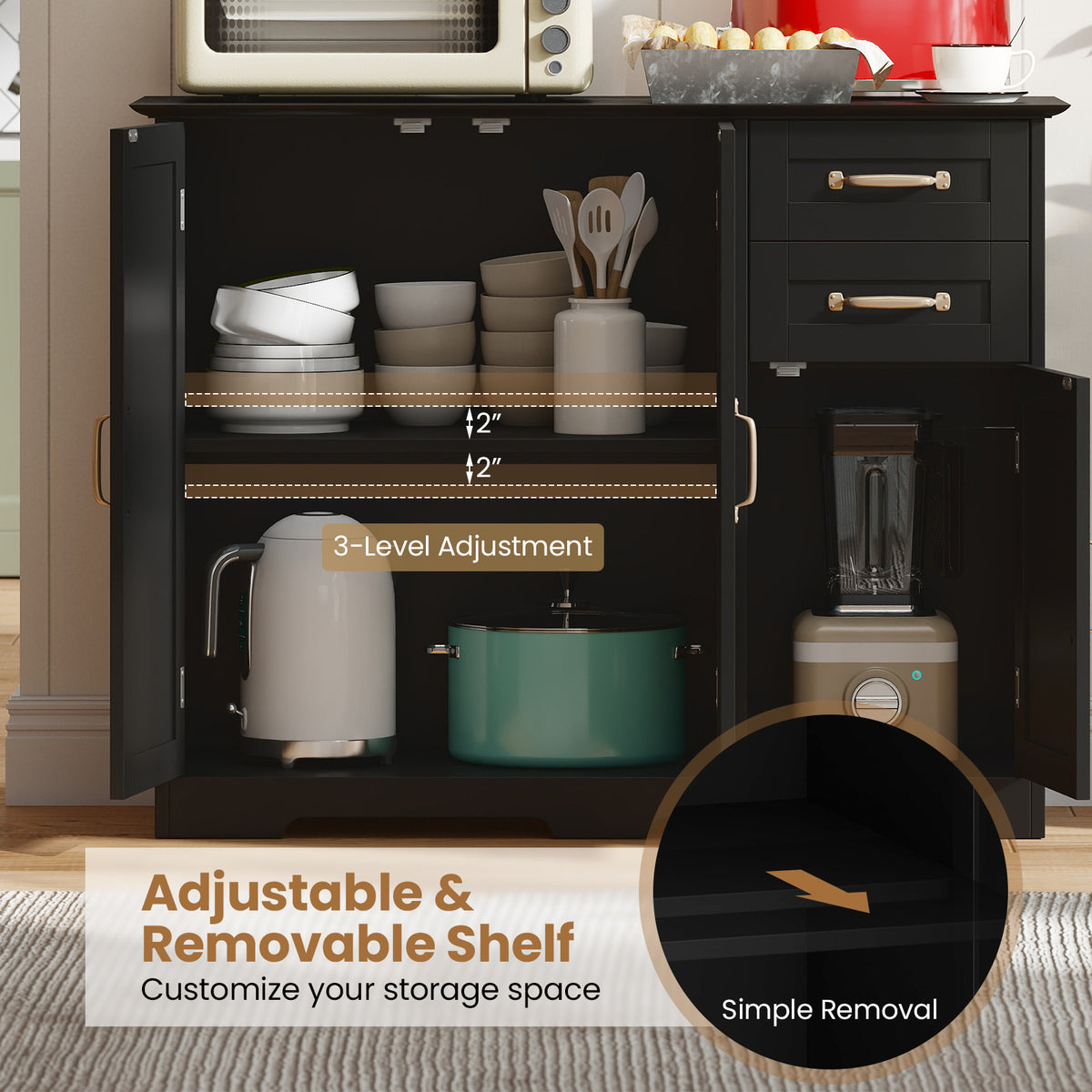 40 Inch Modern Kitchen Sideboard Buffet Cabinet with 2 Drawers - Black