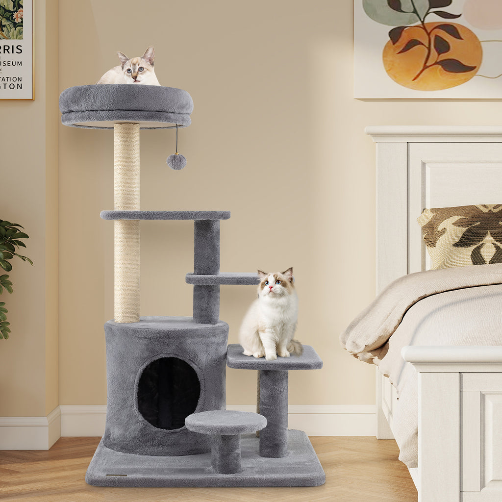 40 Inch Multi-Level Cat Tower with Condo & Dangling Jingle Ball - Gray Variation