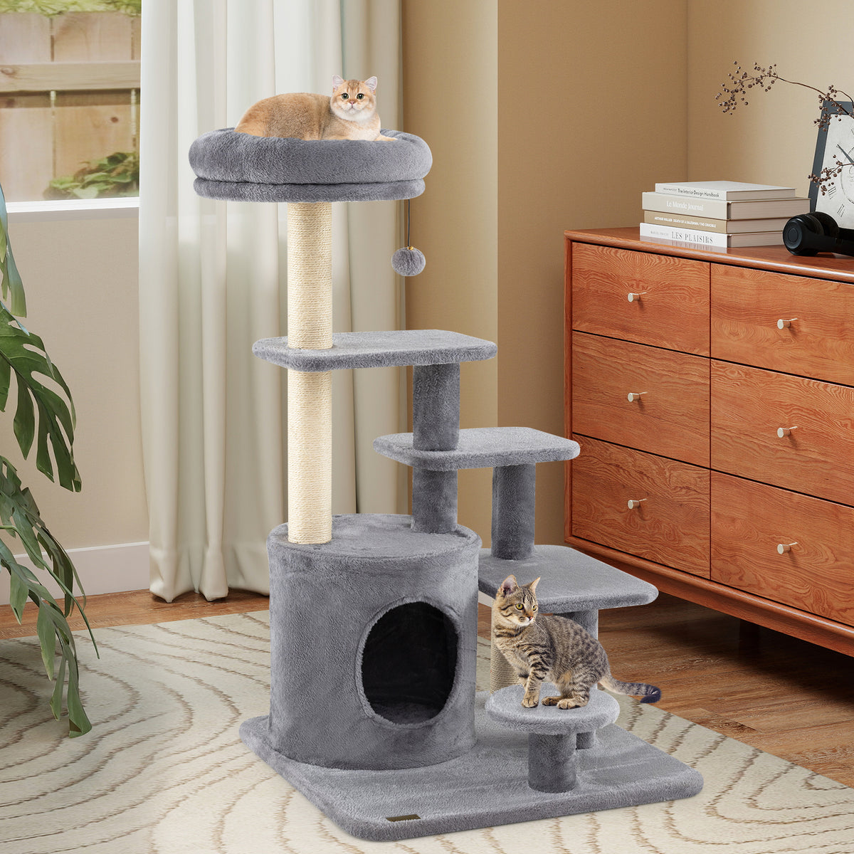 40 Inch Multi-Level Cat Tower with Condo & Dangling Jingle Ball - Gray Variation