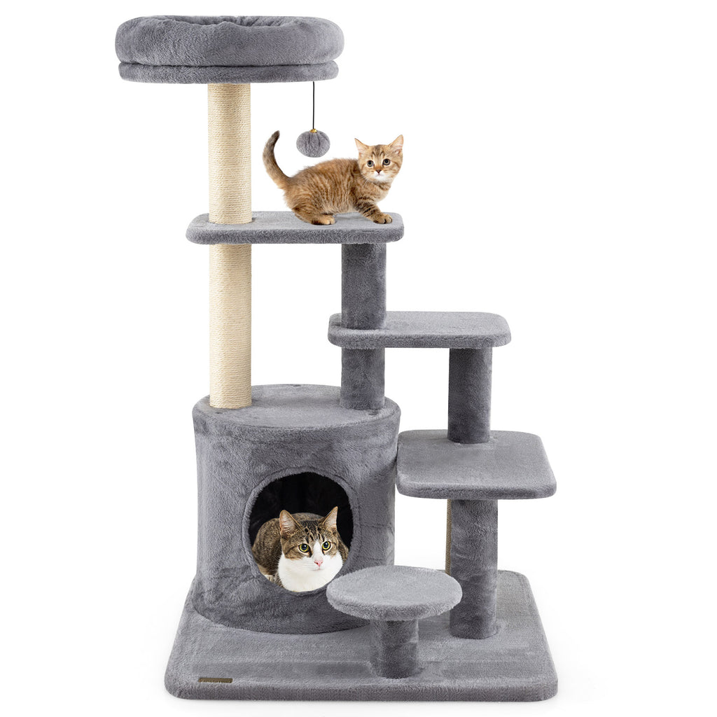 40 Inch Multi-Level Cat Tower with Condo & Dangling Jingle Ball - Gray Variation