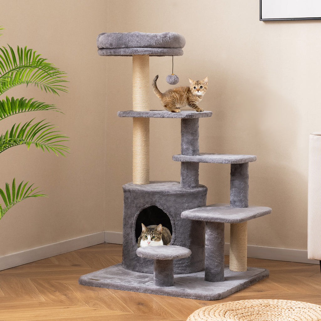 40 Inch Multi-Level Cat Tower with Condo & Dangling Jingle Ball - Gray Variation