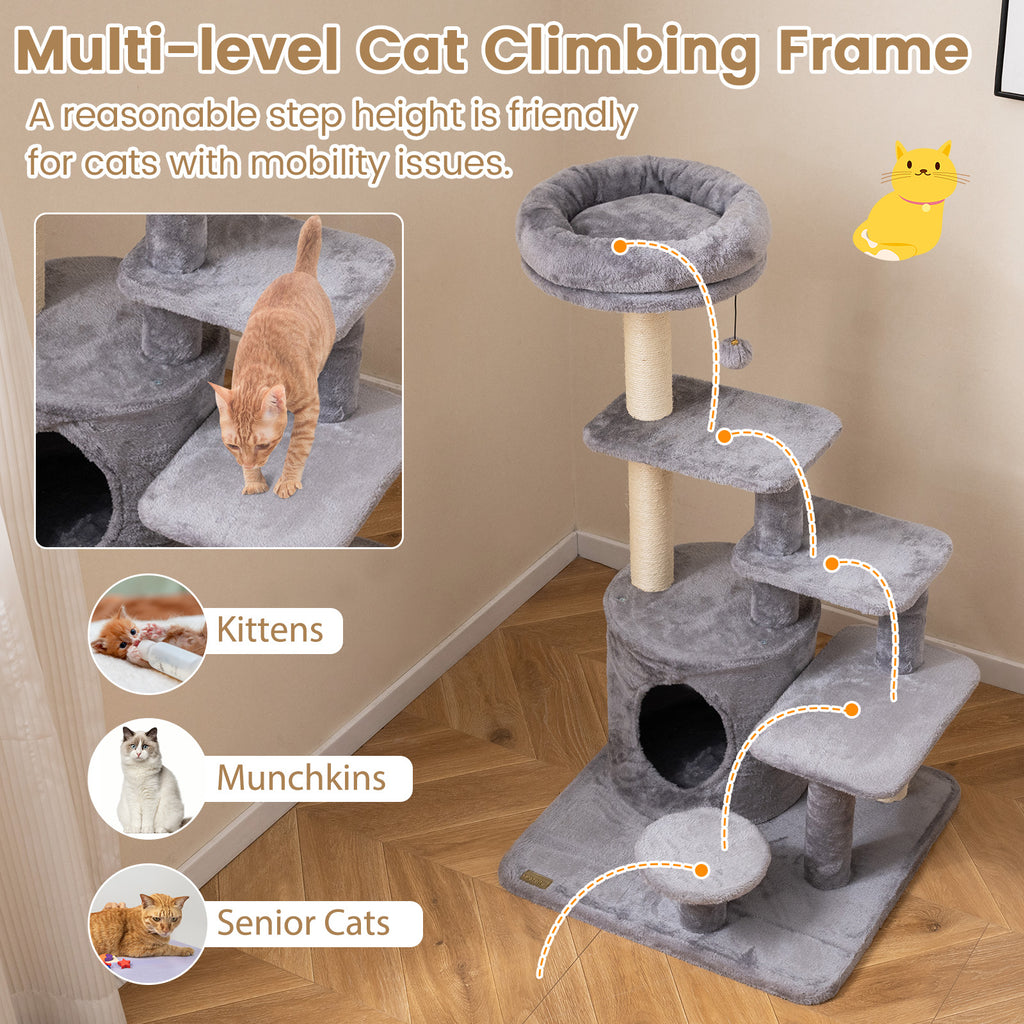 40 Inch Multi-Level Cat Tower with Condo & Dangling Jingle Ball - Gray Variation