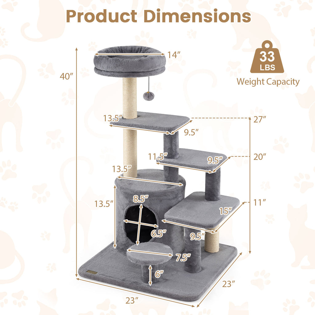 40 Inch Multi-Level Cat Tower with Condo & Dangling Jingle Ball - Gray Variation