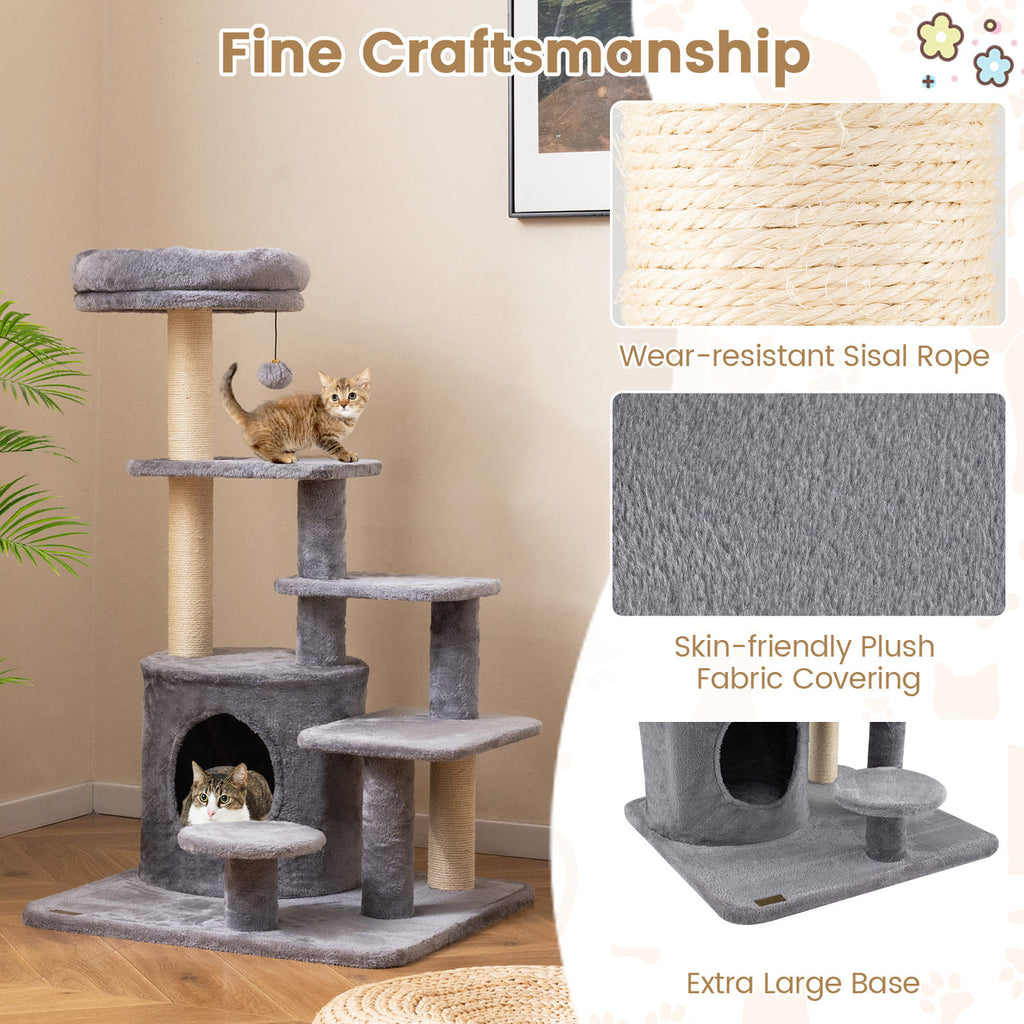 40 Inch Multi-Level Cat Tower with Condo & Dangling Jingle Ball - Gray Variation